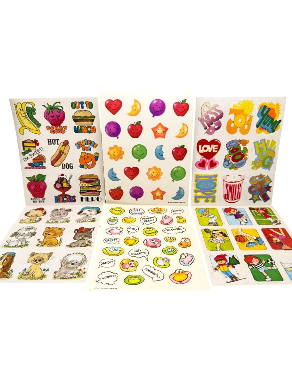 Vtg 80s Sticker Sheet Unused Stars Sports Fruit Bird Balloon Words Booth Retro